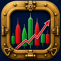 PortCall app icon: a brass porthole framing a rising stock chart in green and red.