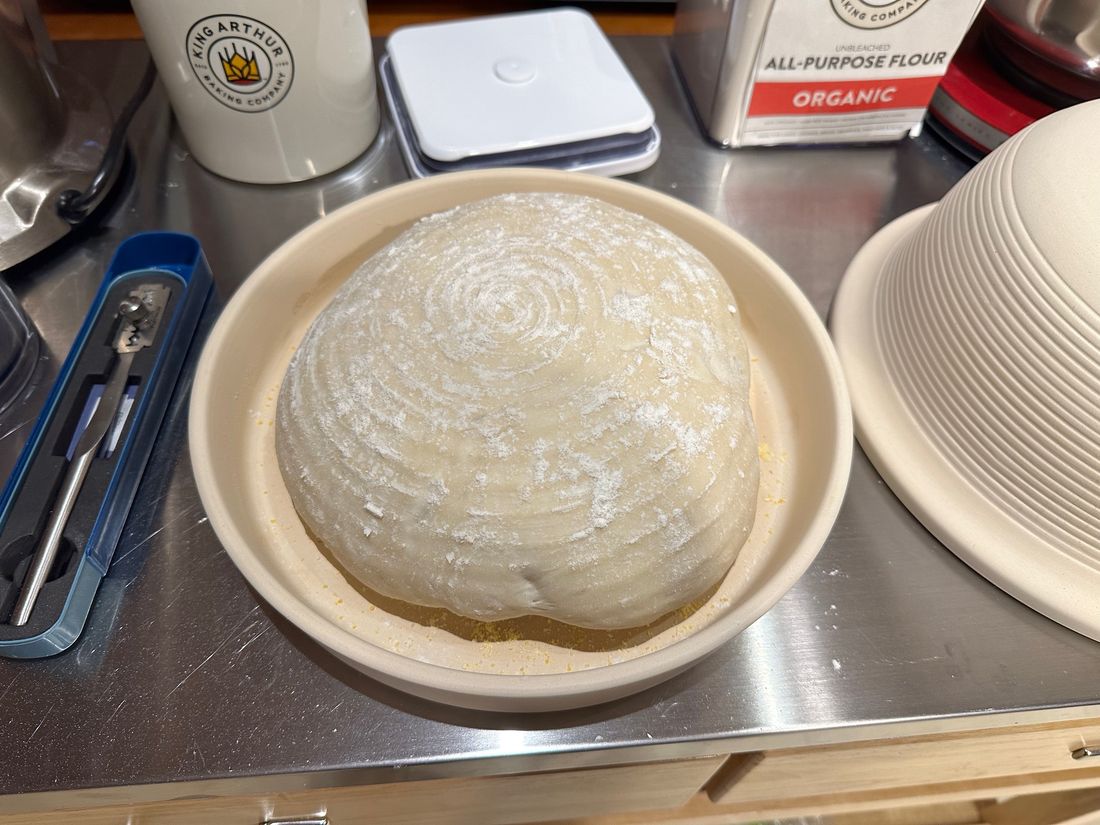 A round of dough dusted with flour, proofing in a spiral-patterned banneton basket.