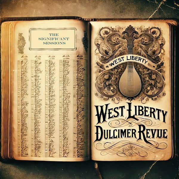 Album cover for The Significant Sessions: an old open ledger book with the words West Liberty Dulcimer Revue and a mandolin drawn on the right-hand page.